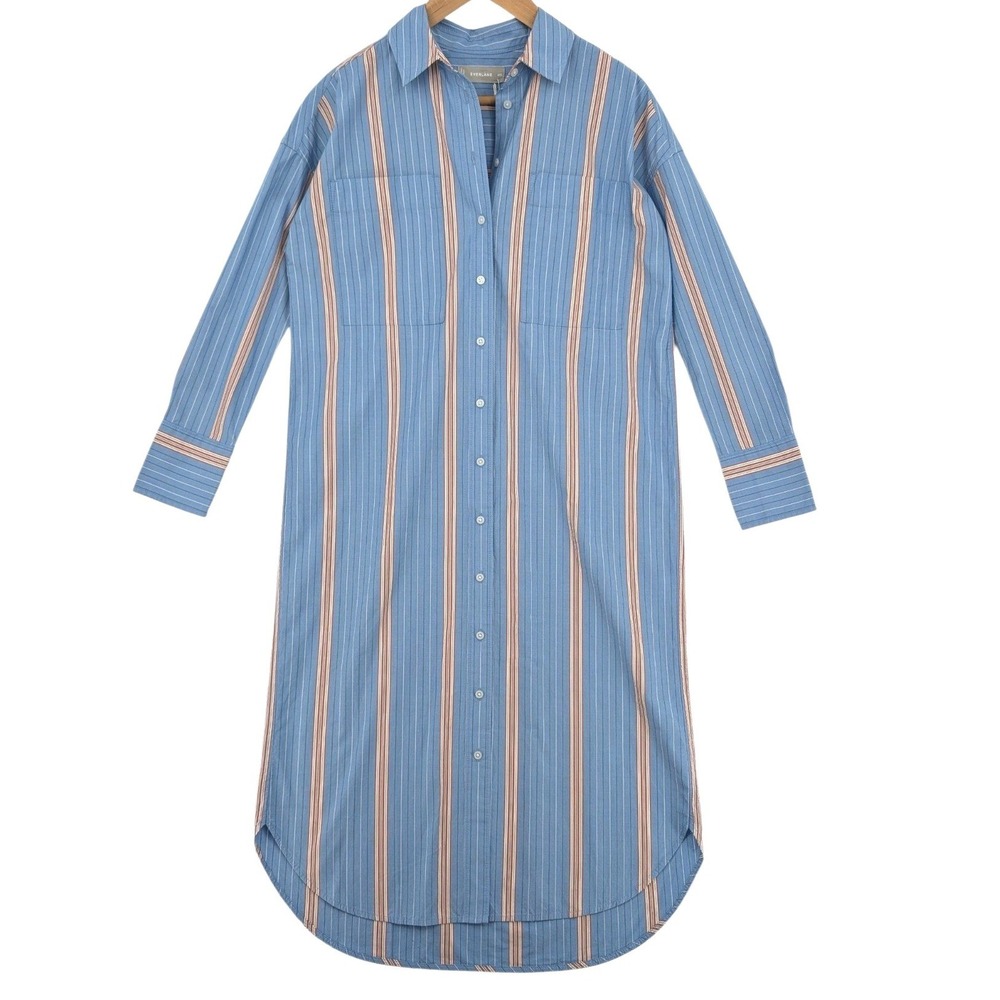 Everlane Womens XXS Long Striped Button Front Shirt Dress Blue Red NWT